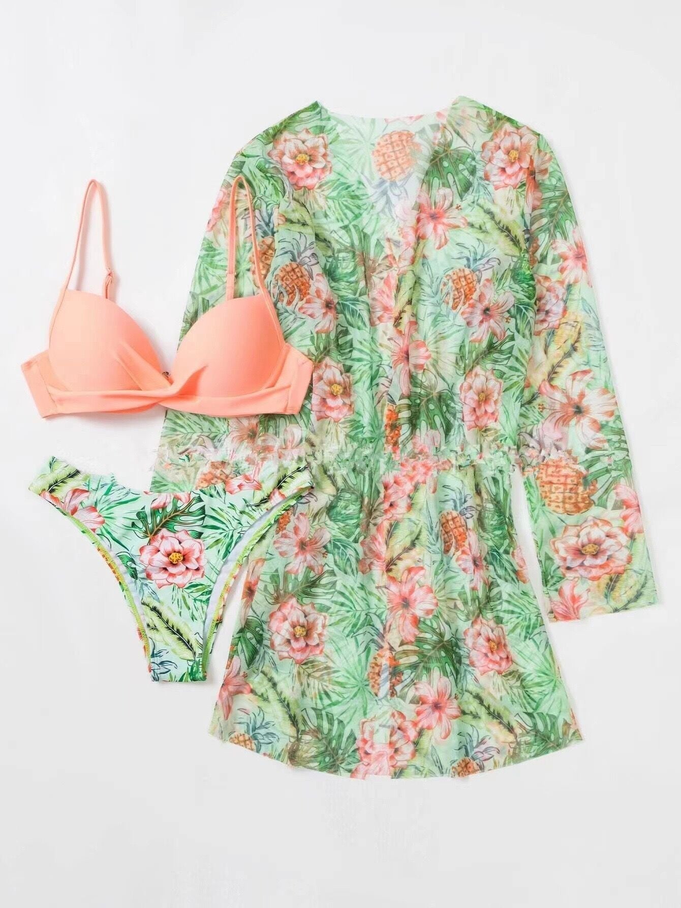 MODEGEIST Tropical Print Swim Cover-Up and Bikini Set for Women
