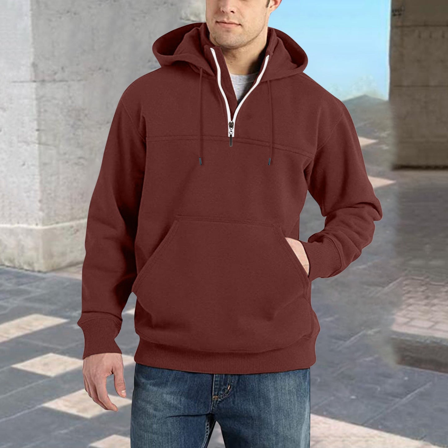 Herren modischer Kapuzenpullover mit halbem Reißverschluss und praktischen Kängurutaschen ModeGeist
