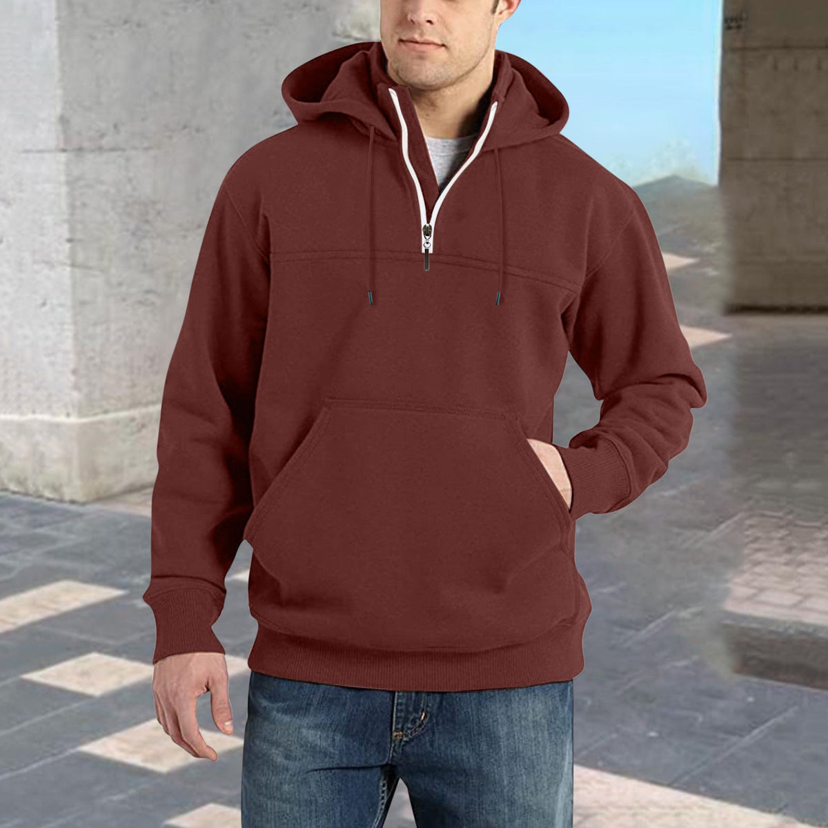 Herren modischer Kapuzenpullover mit halbem Reißverschluss und praktischen Kängurutaschen ModeGeist