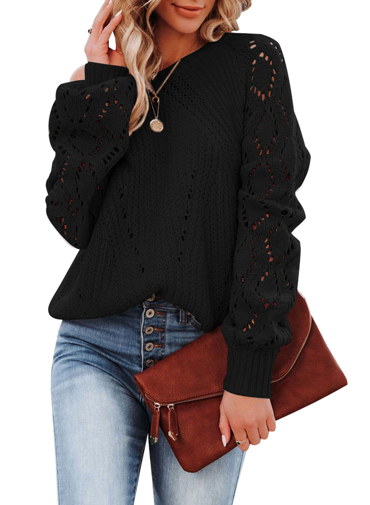 Damen Eleganter Strickpullover mit luftiger Häkelstruktur und weiten Ärmeln ModeGeist