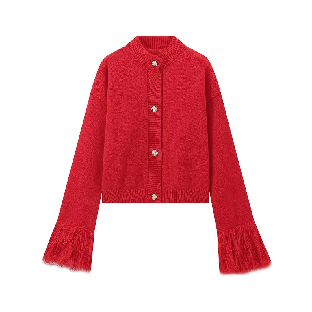 Damen lässige Strickjacke mit dekorativen Fransen und hochwertigen Knöpfen ModeGeist