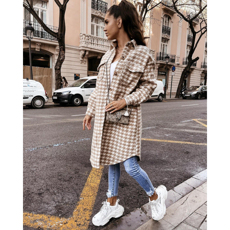 Damen Hahnentritt-Muster Oversized Hemdjacke ModeGeist