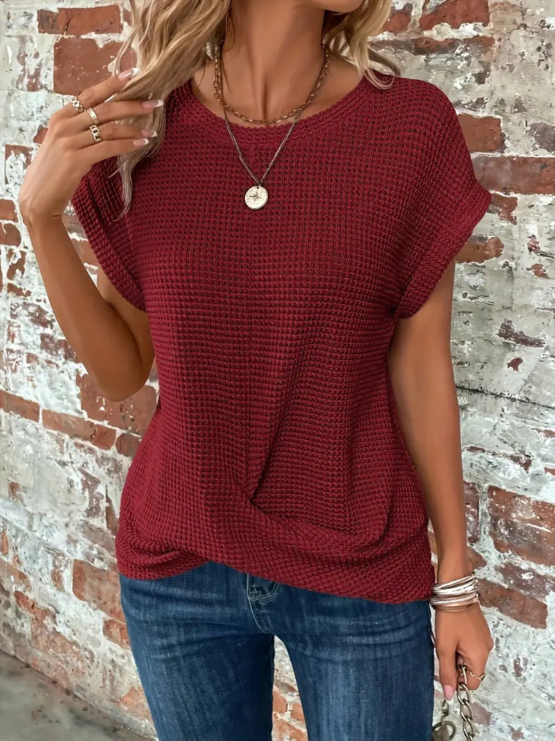 MODEGEIST Damen Casual T-Shirt Waffelstrick Kurze Ärmel Twist-Design
