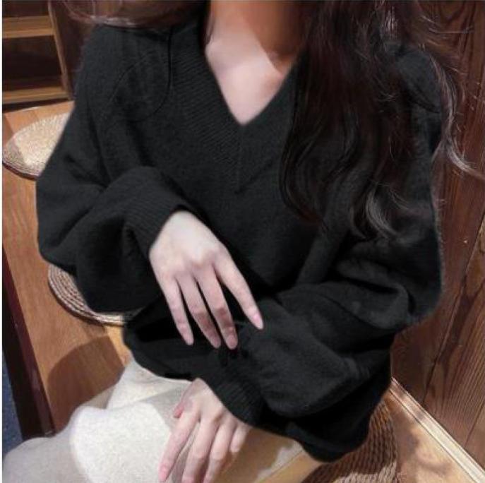 Damen Grobstrickpullover mit tiefem V-Ausschnitt und voluminösen Ärmeln ModeGeist
