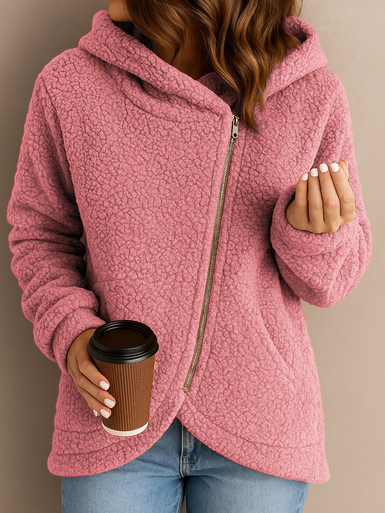 Damen Flauschige Kapuzenjacke mit asymmetrischem Reißverschluss ModeGeist
