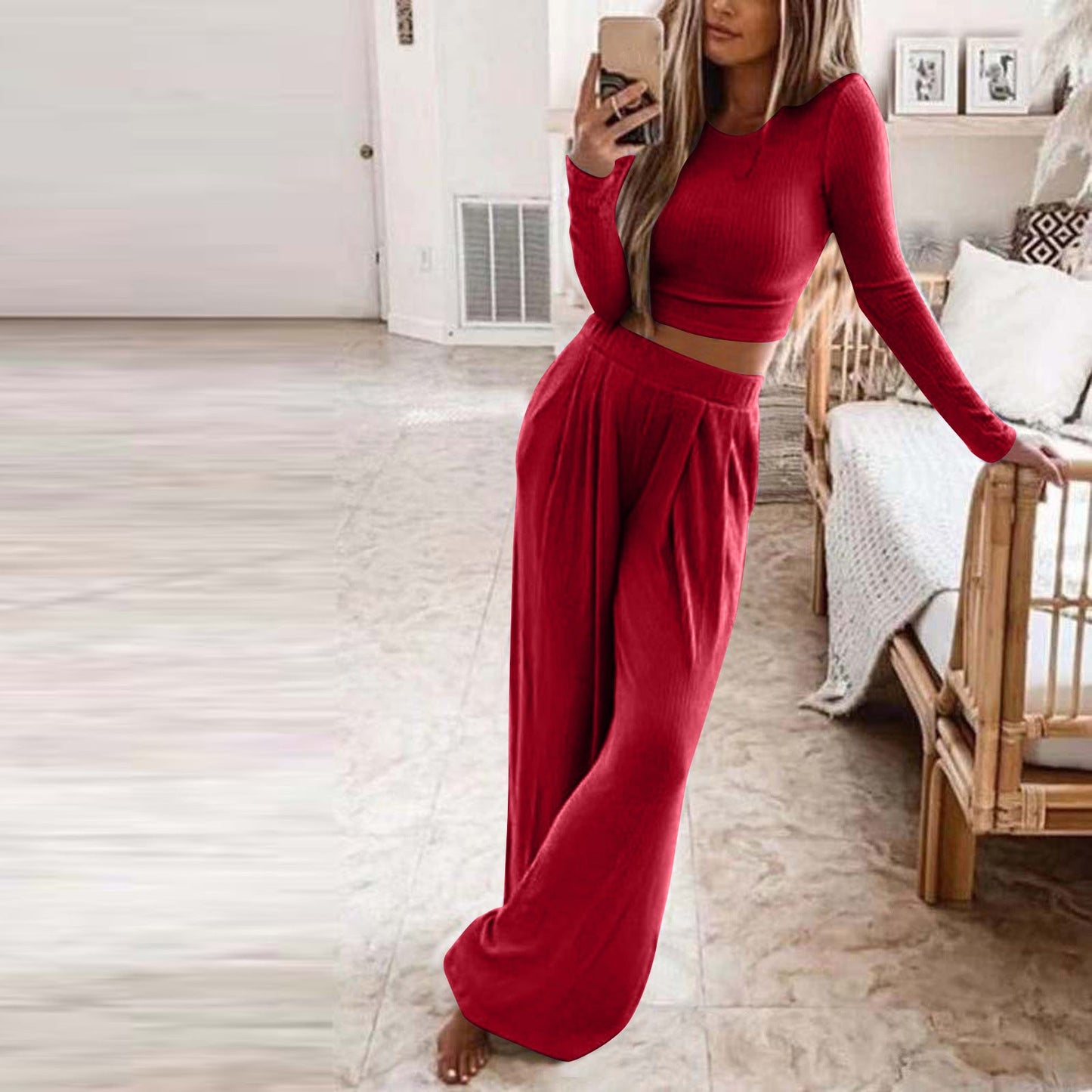 Damen Elegantes Lounge-Set mit langärmeligem Oberteil und weiten Hosen ModeGeist