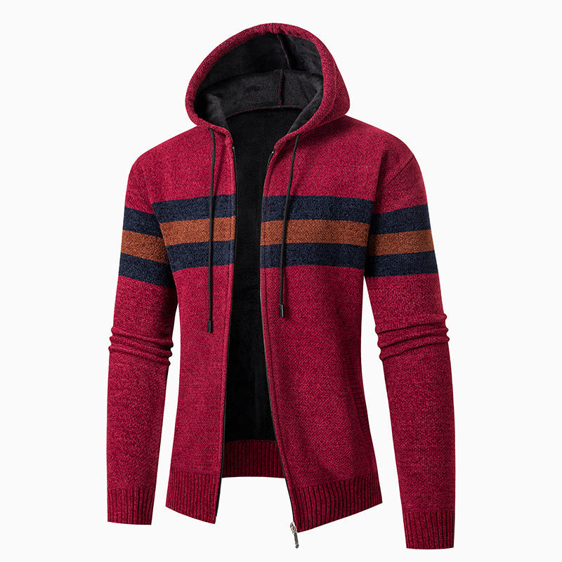 Herren lässiger Strickjacke mit Kapuze und Kontraststreifen ModeGeist