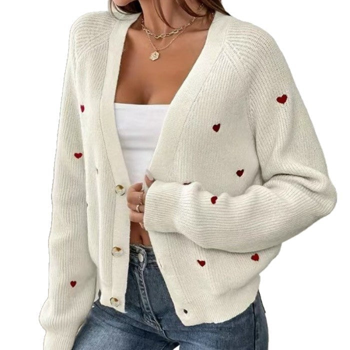 Damen lässige Strickjacke mit Herzapplikationen und tiefem V-Ausschnitt ModeGeist