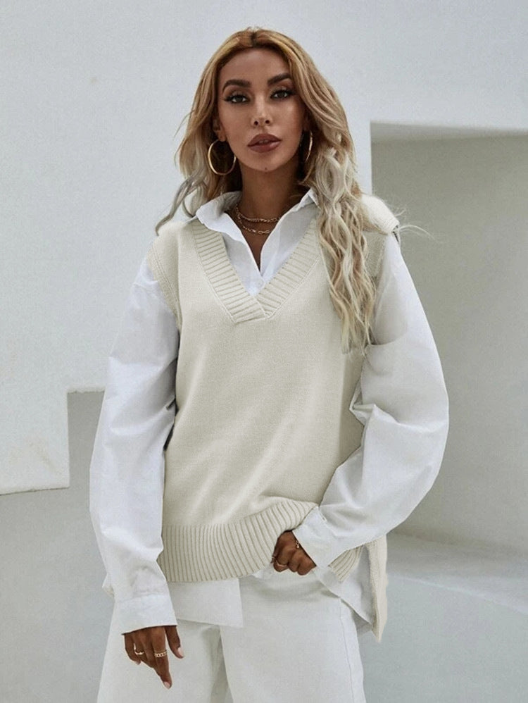 Damen Strickweste mit V-Ausschnitt und eleganter Rippenstruktur ModeGeist