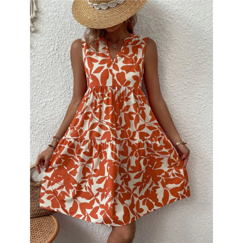 Leichtes Damen-Sommerkleid mit V-Ausschnitt und weitem Rock, modisch von MODEGEIST