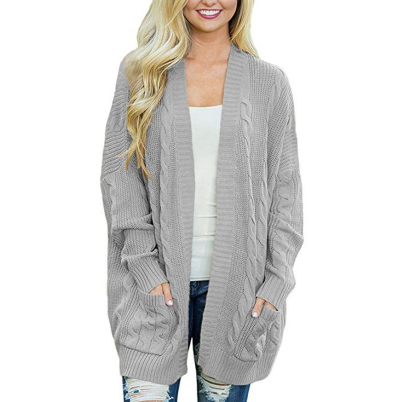 Damen lässige Strickjacke mit Kabelmuster und großzügigen Taschen ModeGeist