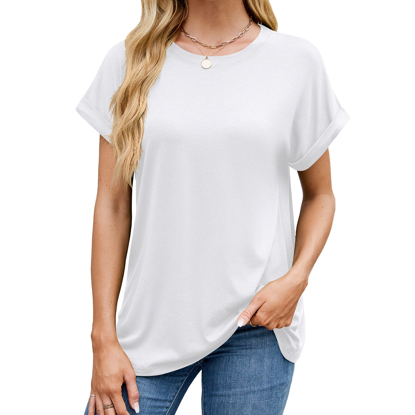 Fudus Basics: Einfarbiges, lockeres Rundhals-T-Shirt
