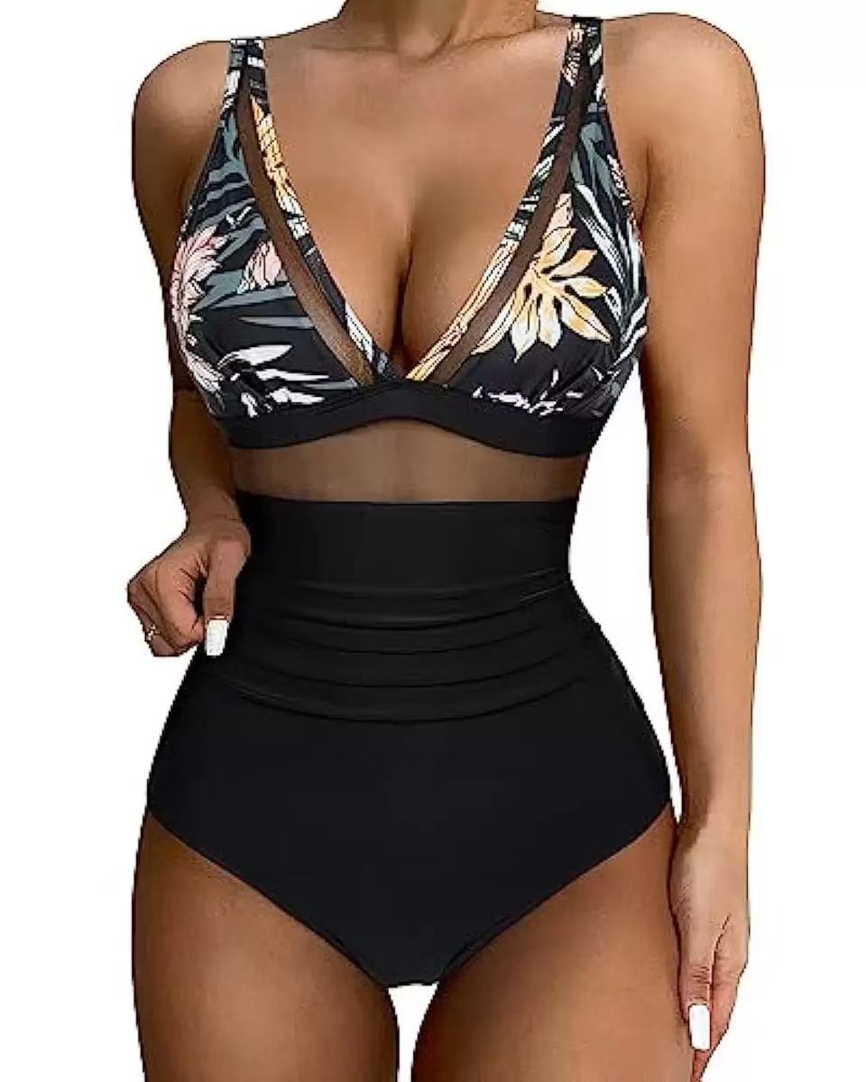 Modischer Damen-Bikini mit hohem Bund, Mesh-Einsätzen und tiefem Ausschnitt