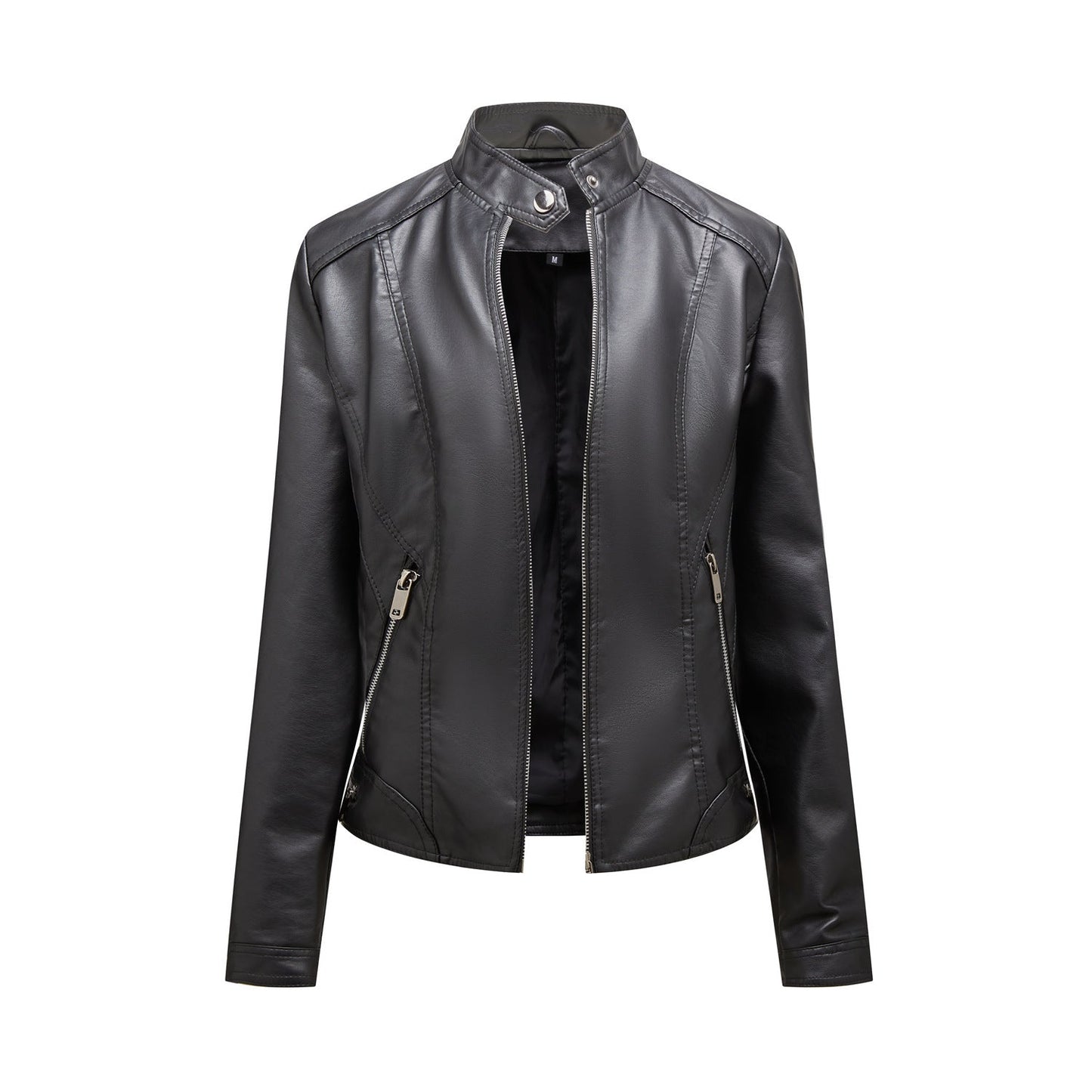 Damen modische Kunstlederjacke mit elegantem Stehkragen und praktischen Reißverschlusstaschen ModeGeist