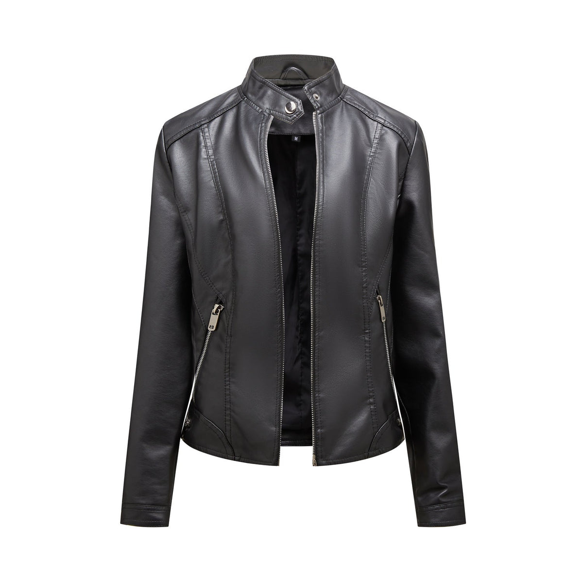 Damen modische Kunstlederjacke mit elegantem Stehkragen und praktischen Reißverschlusstaschen ModeGeist