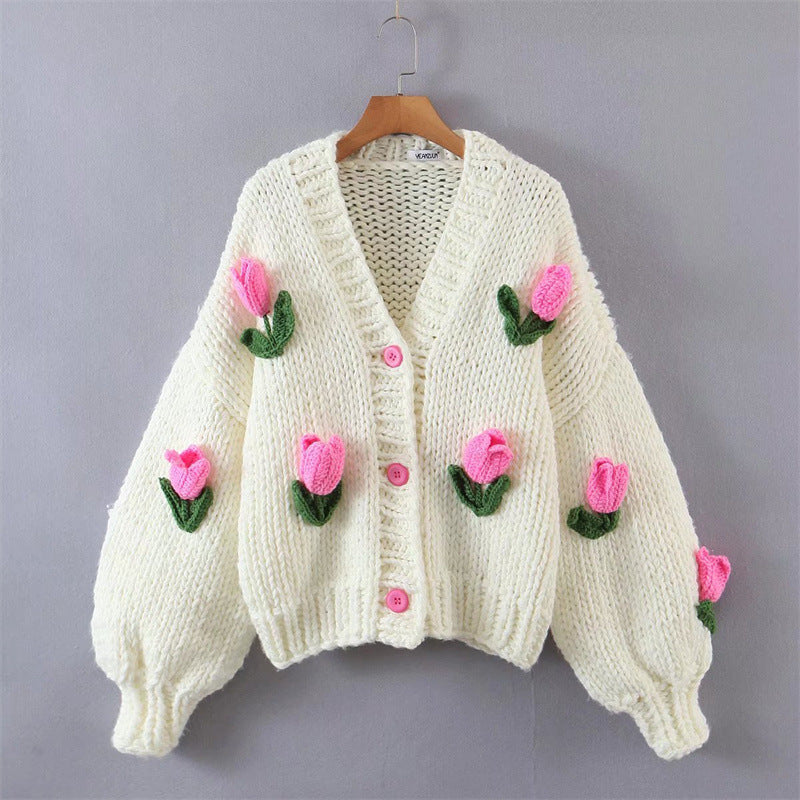 Damen Strickjacke mit floralem Design und oversized Schnitt ModeGeist