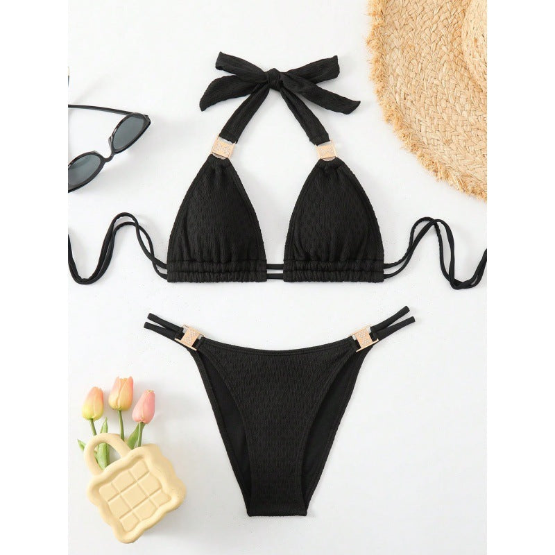 Moderner Damen-Bikini mit Dreieck-Oberteilen, Bändern und elastischem Bund