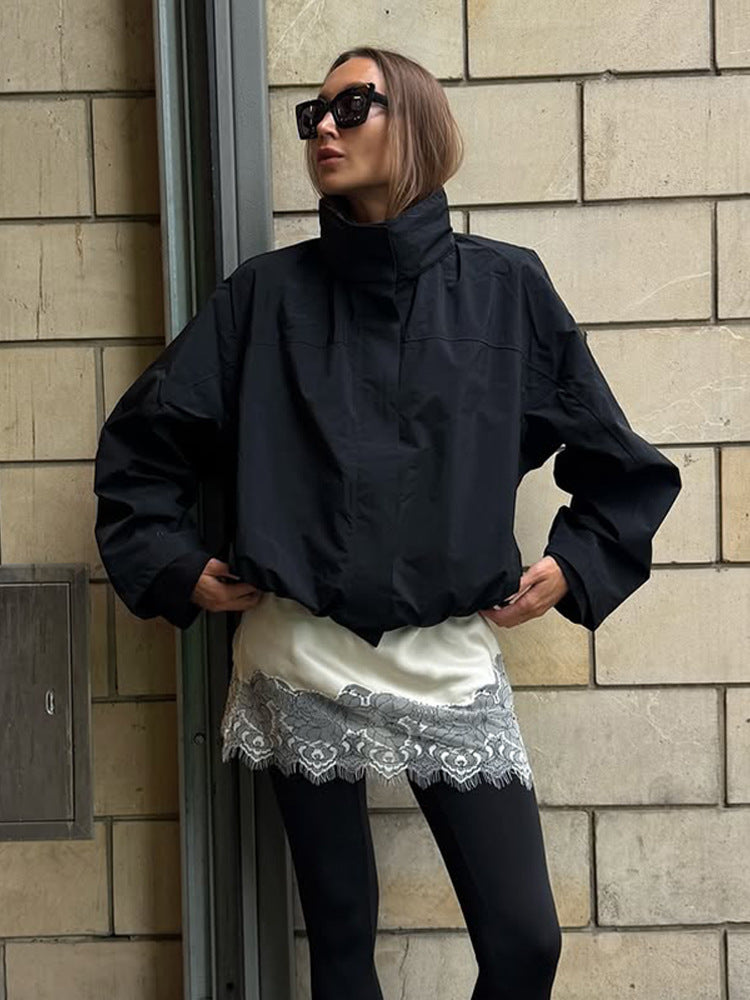 Damen lässige oversized Jacke mit hohem Kragen und verstellbarem Verschluss ModeGeist