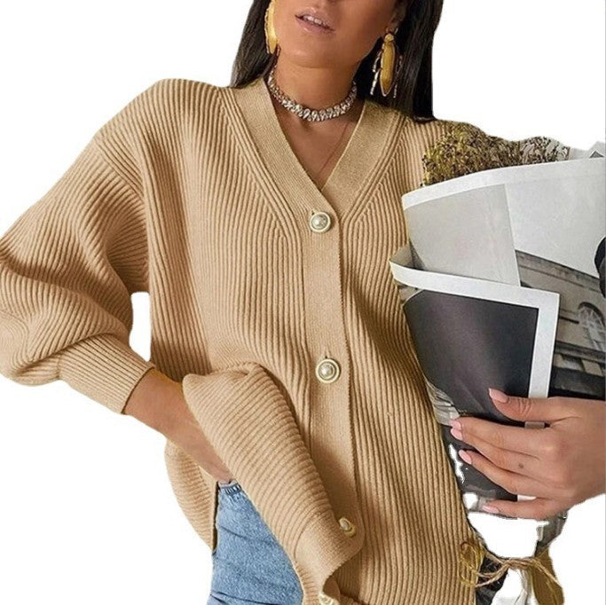 Damen Übergroße Strickjacke mit tiefem V-Ausschnitt und eleganten Knöpfen ModeGeist