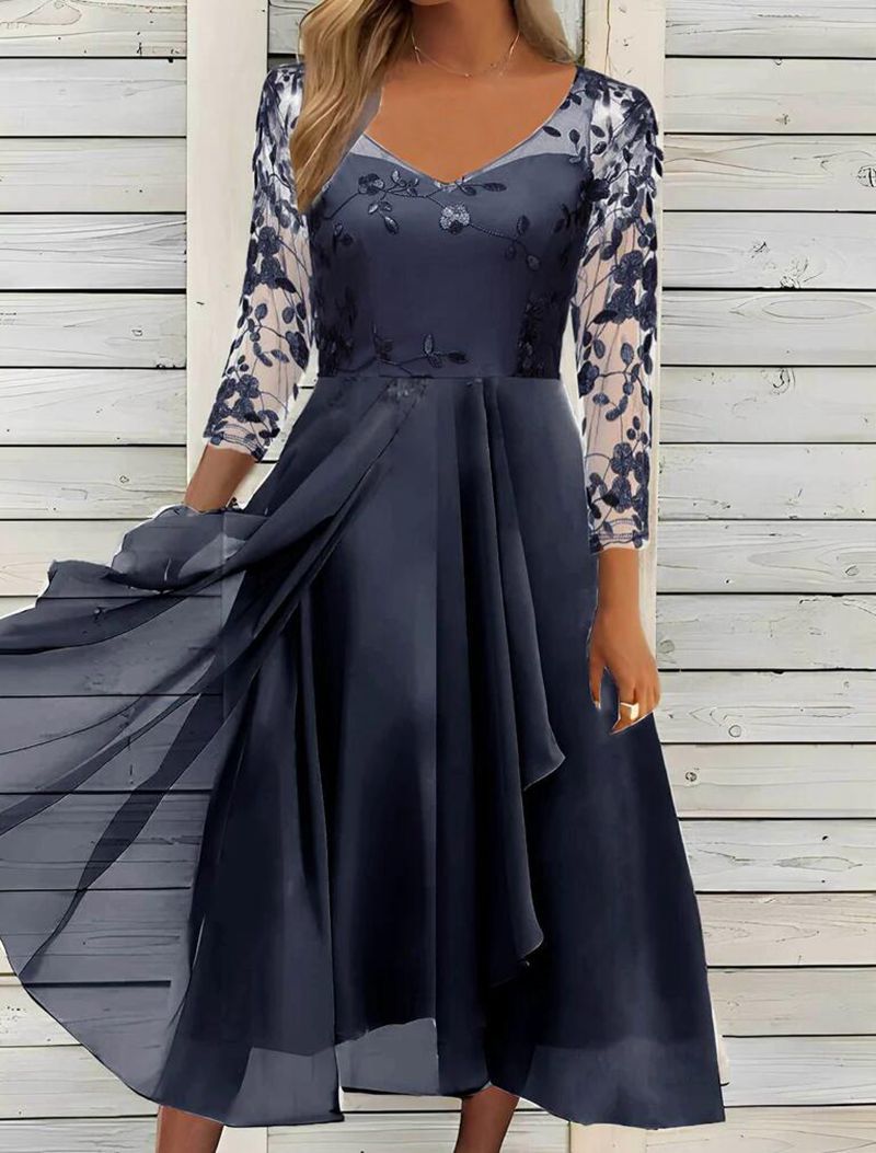 Asymmetrisches Abendkleid für Damen mit Spitzenärmeln und Blumenmuster von MODEGEIST