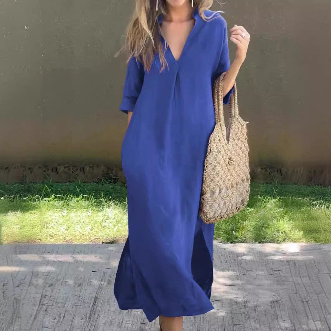 Leichtes Maxikleid für Damen mit V-Ausschnitt und kurzen Ärmeln von MODEGEIST
