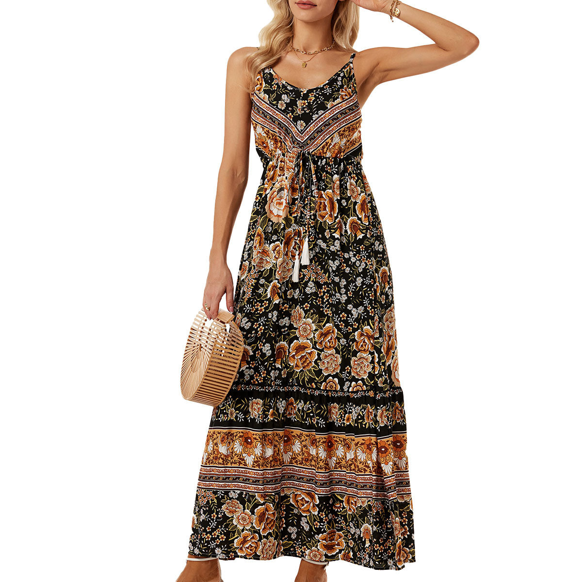 Boho Maxikleid mit Blumenmuster und regulierbarer Taille von MODEGEIST