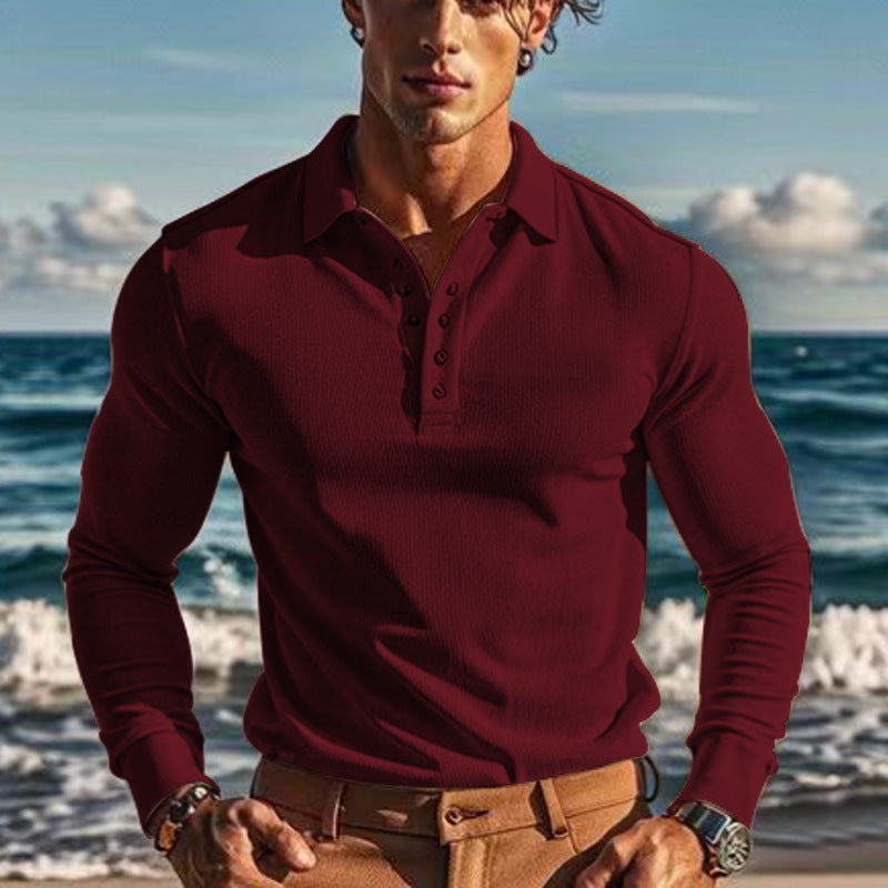 Herren eleganter Langarm-Polo mit Knopfleiste und strukturiertem Design ModeGeist