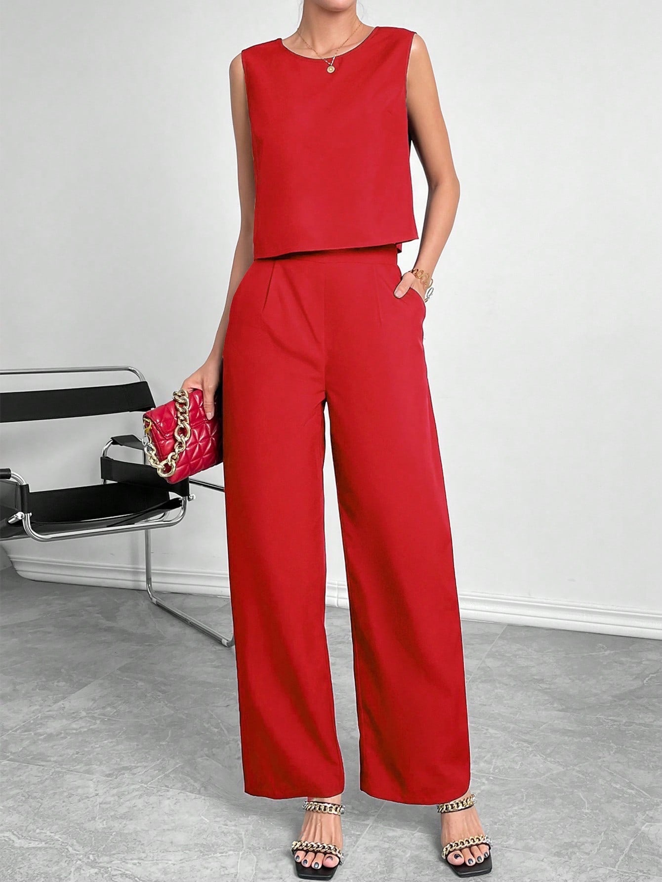 Damen Zweiteiler Set mit modernem Oberteil und weitem Hose ModeGeist