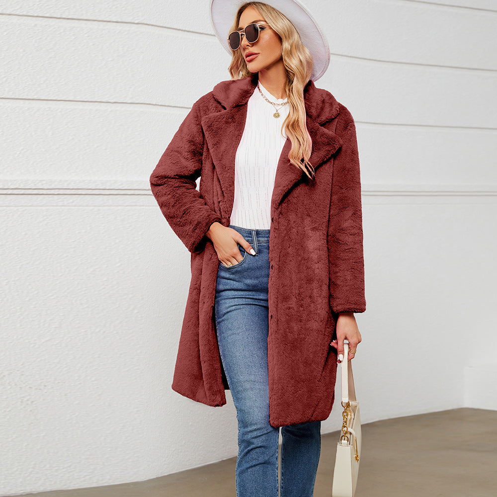 Damen Eleganter Kunstpelzmantel mit tiefem Kragen ModeGeist