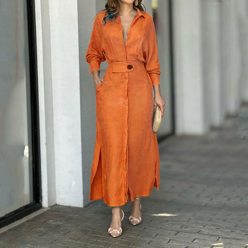 Damen Maxikleid aus leichtem Leinen mit eleganter Knopfleiste und praktischen Seitenschlitzen ModeGeist