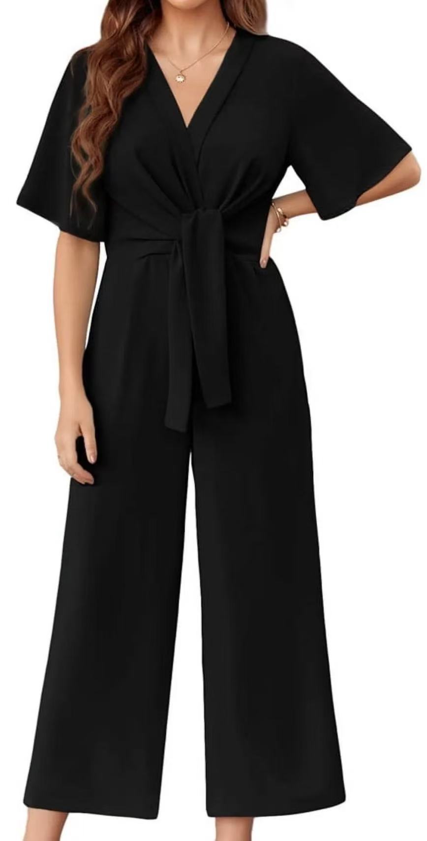 Damen eleganter Wickel-Jumpsuit mit weiten Beinen und Taillengürtel ModeGeist