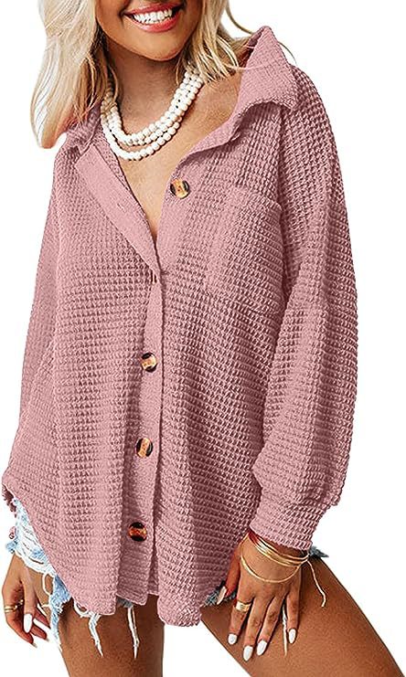 Damen lässige Waffle-Hemdenjacke mit Knopfverschluss ModeGeist