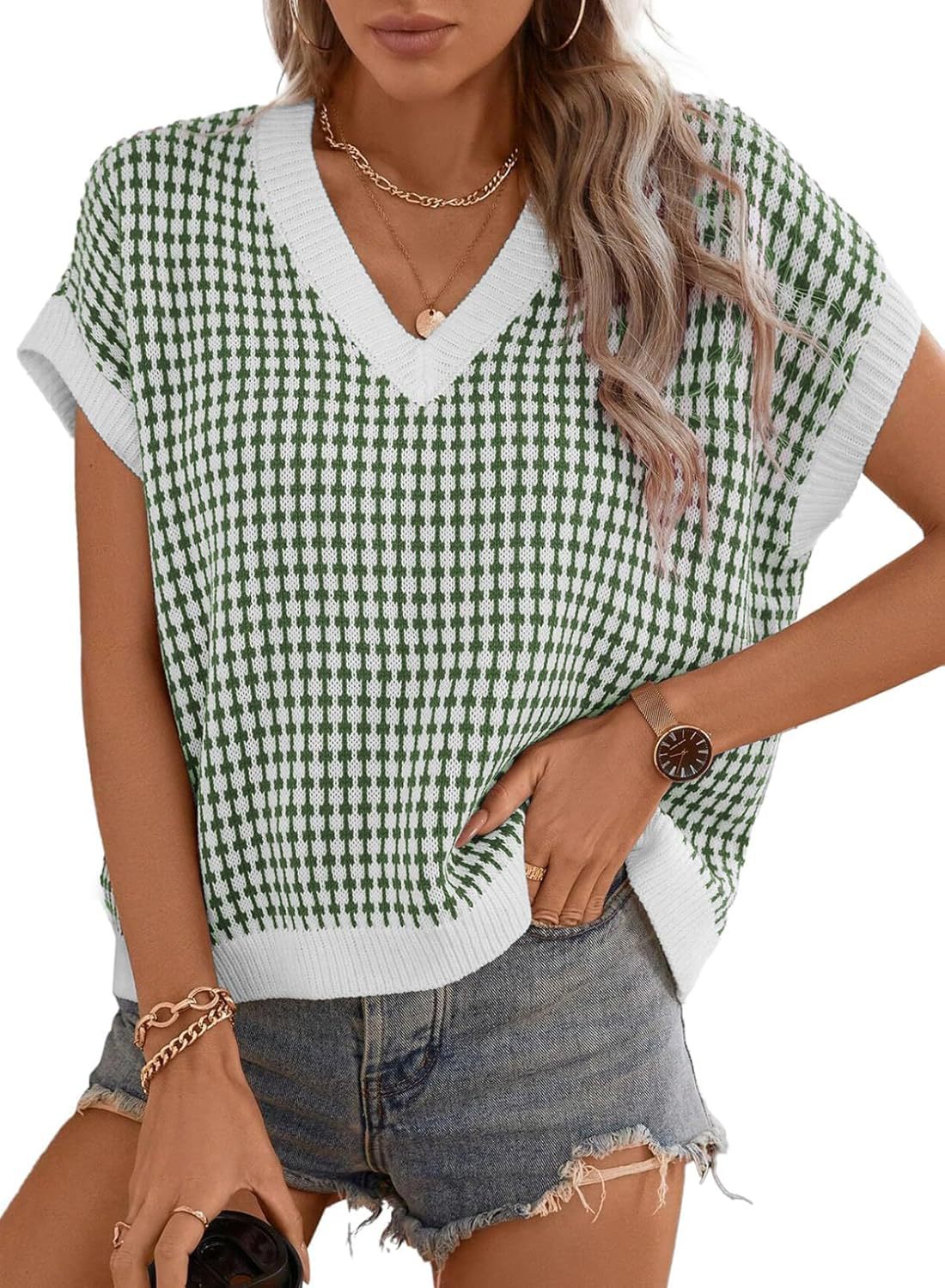 Damen lässiger V-Ausschnitt Pullover mit geometrischem Muster ModeGeist