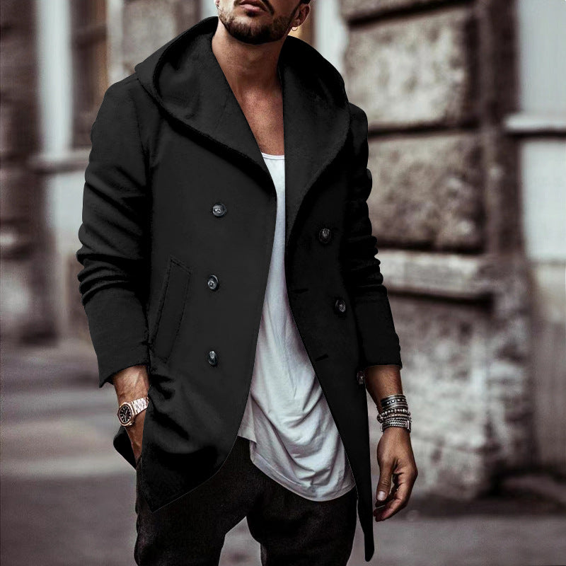 Herren stylischer Hoodie-Mantel mit doppelter Knopfreihe und weitem Kragen ModeGeist