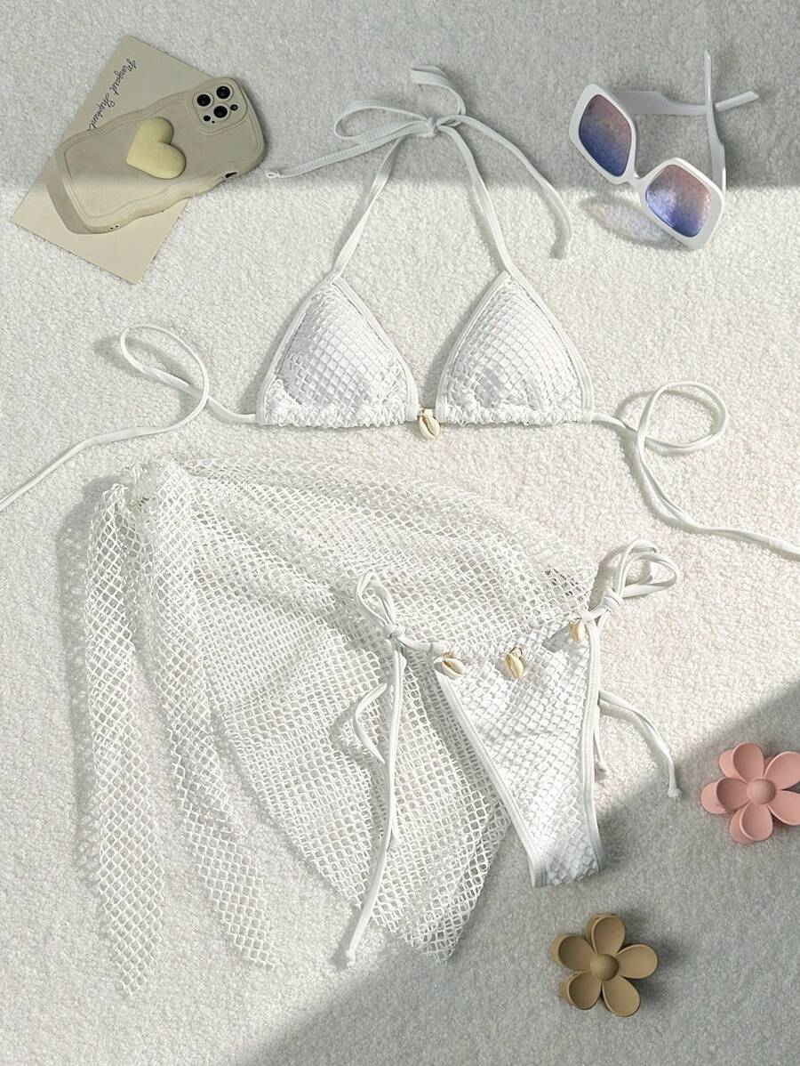 Modischer Damen-Bikini mit Dreiecks-Oberteil, Netz-Einsatz und verspielten Bindebändern