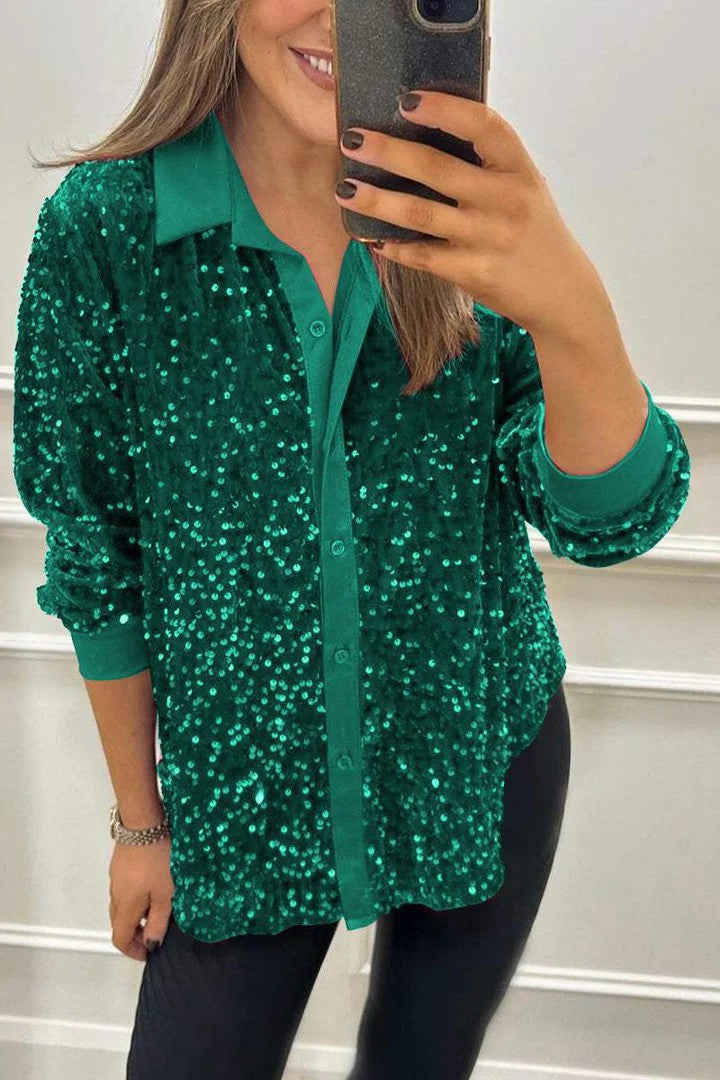 Damen Glitzernde Bluse aus Pailletten mit klassischem Kragen ModeGeist