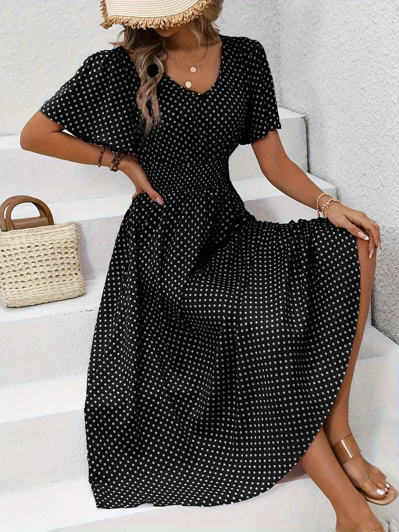 Modisches Damen-Maxikleid mit weitem Rock und V-Ausschnitt
