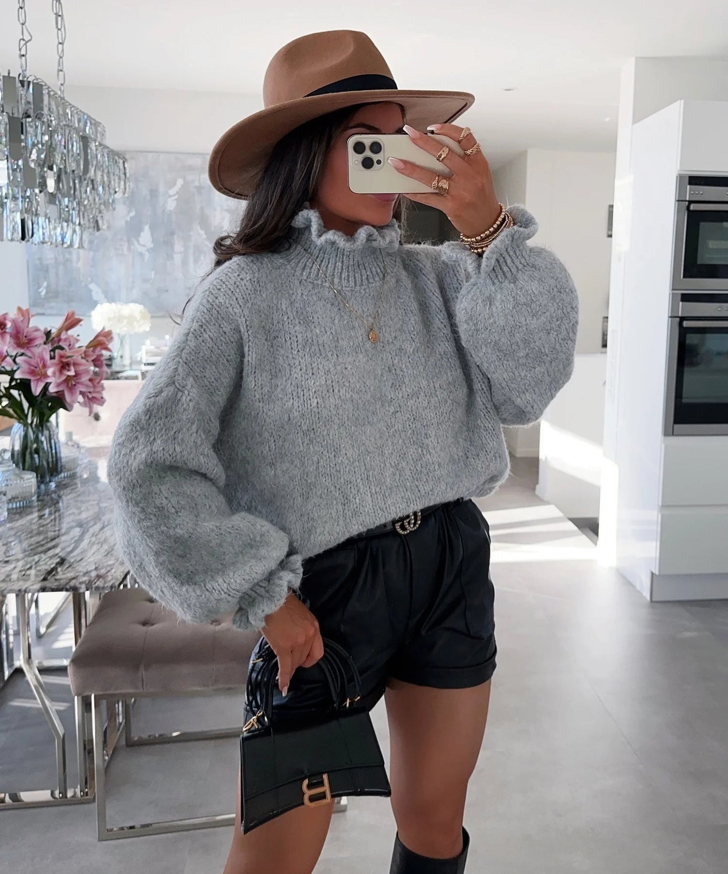 Damen kuscheliger Rollkragenpullover mit weiten Ärmeln und strukturellem Design ModeGeist