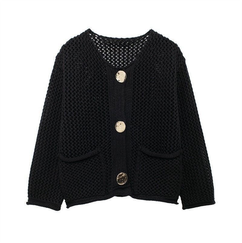 Damen luftige Strickjacke mit durchbrochenem Muster und praktischen Taschen ModeGeist