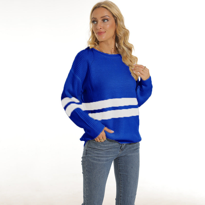 Damen Grobstrickpullover mit sportlichem Streifenmuster und lockerer Passform ModeGeist