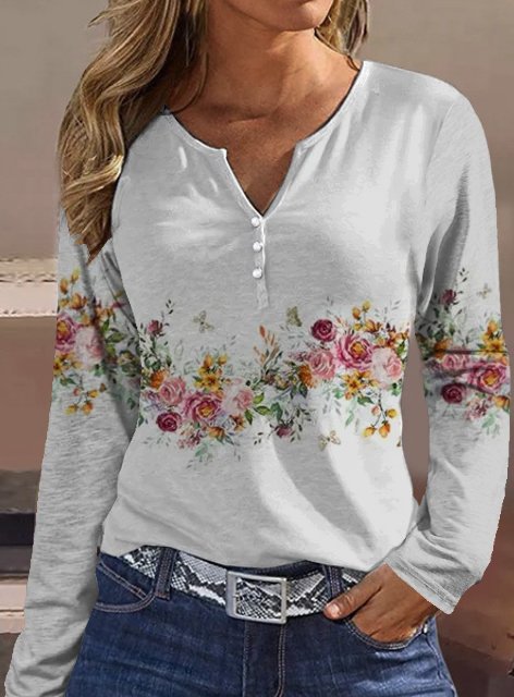 Damen Langarmshirt mit floralem Motiv und Knopfdetails ModeGeist