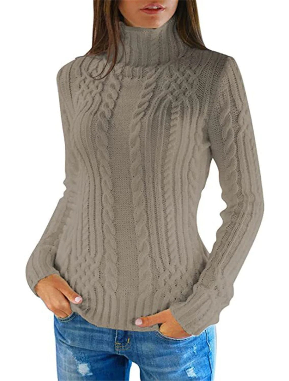 Damen Rolkragenpullover mit Zopfmuster und bequemer Passform ModeGeist
