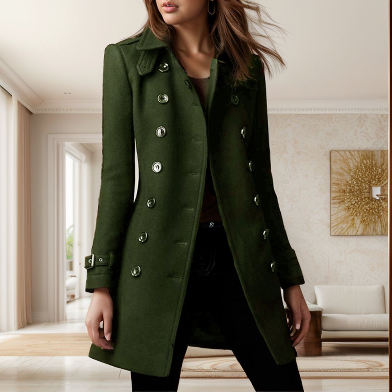 Damen eleganter Trenchcoat mit doppelter Knopfreihe und gewichtetem Kragen ModeGeist