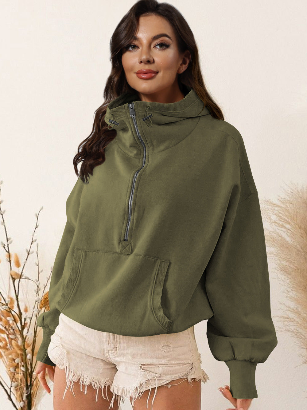 Damen lässiger Kapuzensweater mit halbem Reißverschluss ModeGeist