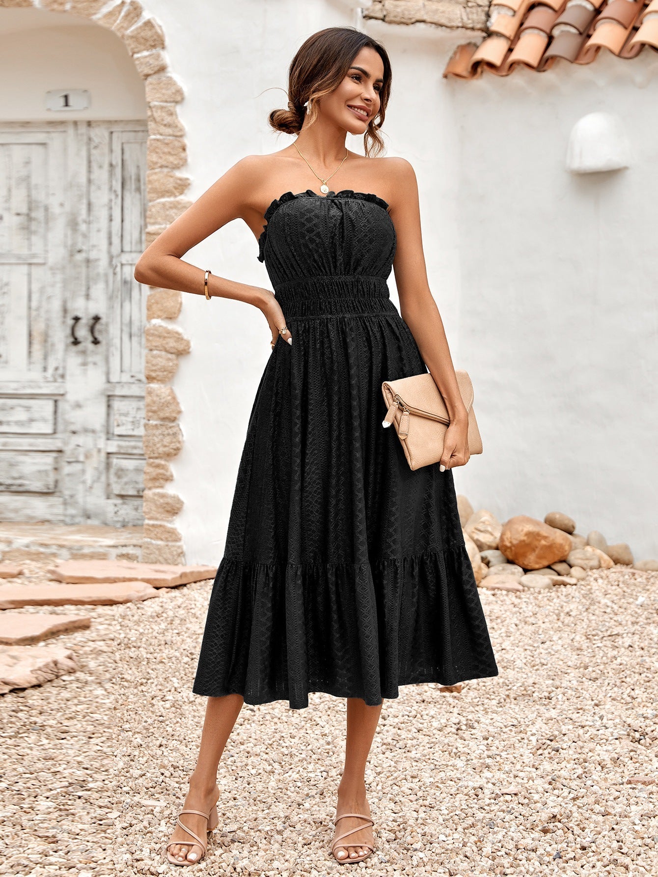 Sommerkleid für Damen, Bandeau, mit Rüschen und Häkel-Details, modisch