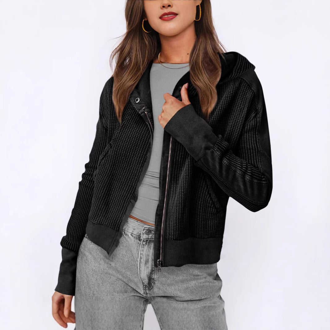 Damen lässige Zip-Jacke mit Kapuze und strukturiertem Design ModeGeist