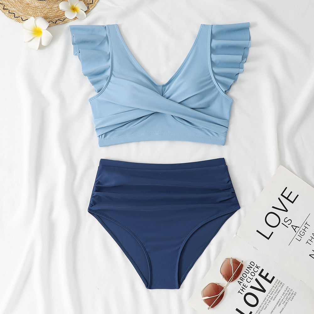 Stylish Women's Ruffle Crop Top and High-Waisted Bikini Bottom Set
