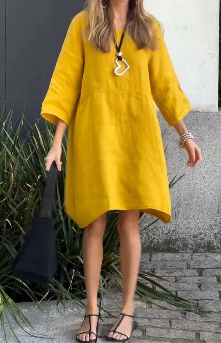Damen lässiges Leinenkleid mit praktischen Taschen und asymmetrischem Saum ModeGeist