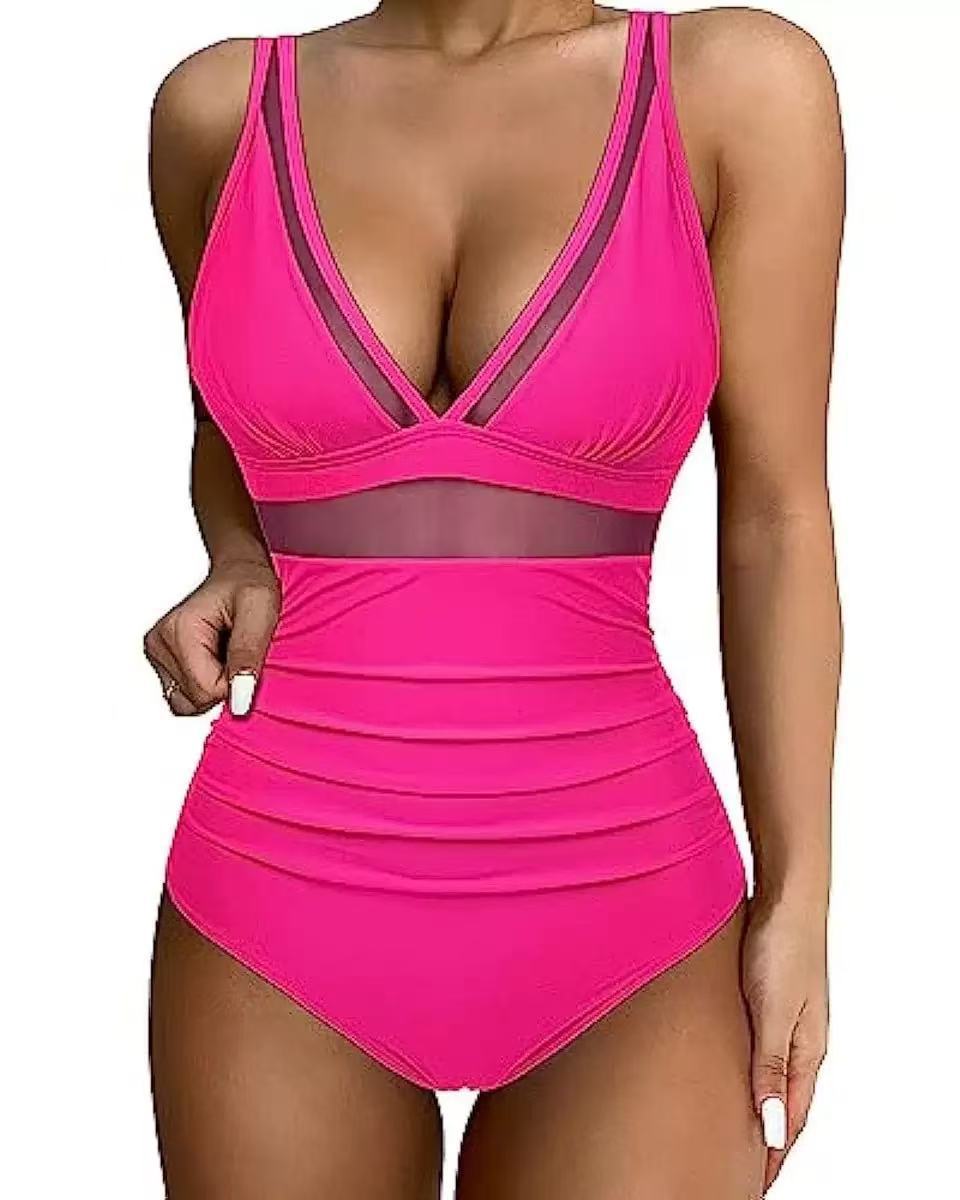 Modischer Damen-Bikini mit hohem Bund, Mesh-Einsätzen und tiefem Ausschnitt