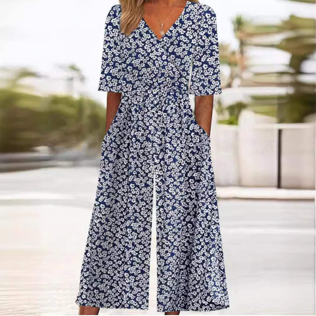 Elegantes gemustertes Damen-Jumpsuit mit weiten Beinen